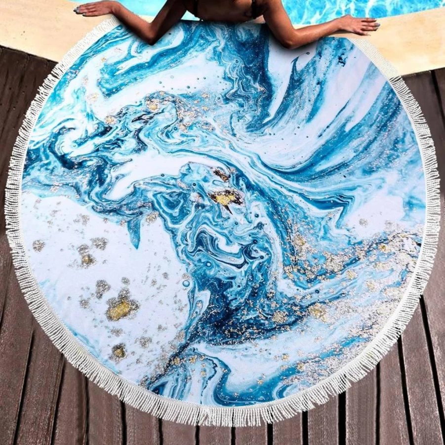 Benefeet Sox Round Beach Towel - 59 Inch Mandala Gradient Blue Purple Microfiber Sand Proof Absorbent Bohemian Oversized Circle Swim Blanket with Tassels for Women