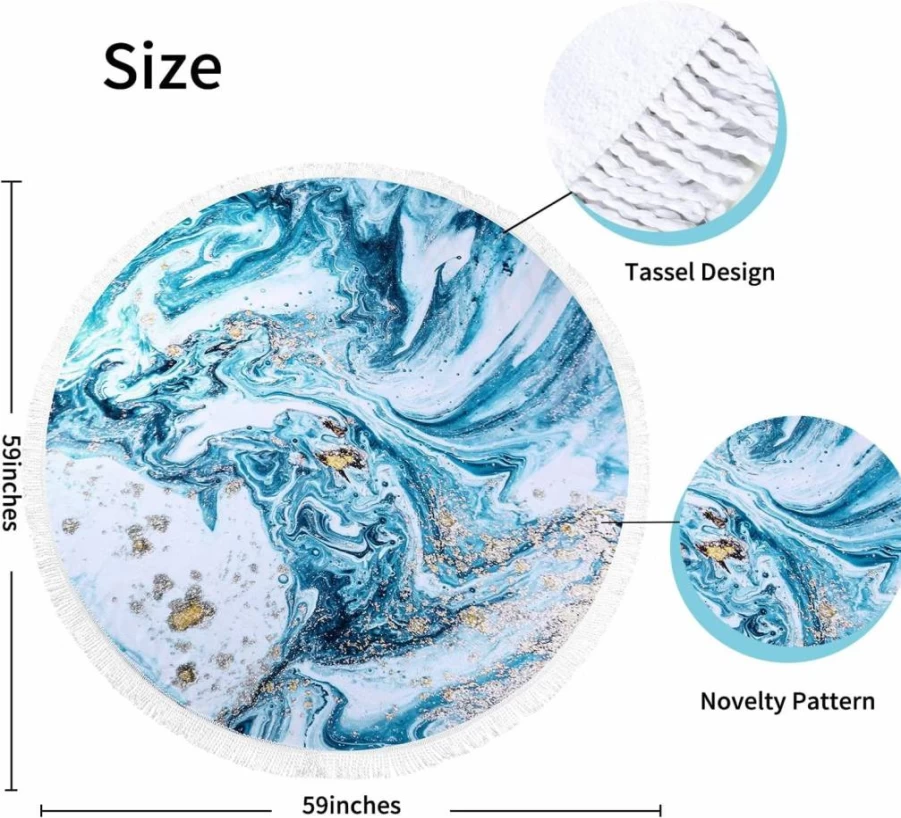 Benefeet Sox Round Beach Towel - 59 Inch Mandala Gradient Blue Purple Microfiber Sand Proof Absorbent Bohemian Oversized Circle Swim Blanket with Tassels for Women