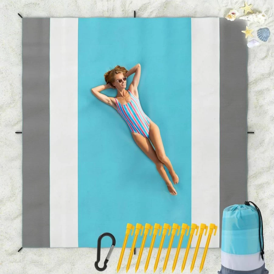 MoKo Extra Large Sandproof Beach Blanket with Stakes - Quick Dry Picnic Mat for Camping, Hiking & Outdoor Travel