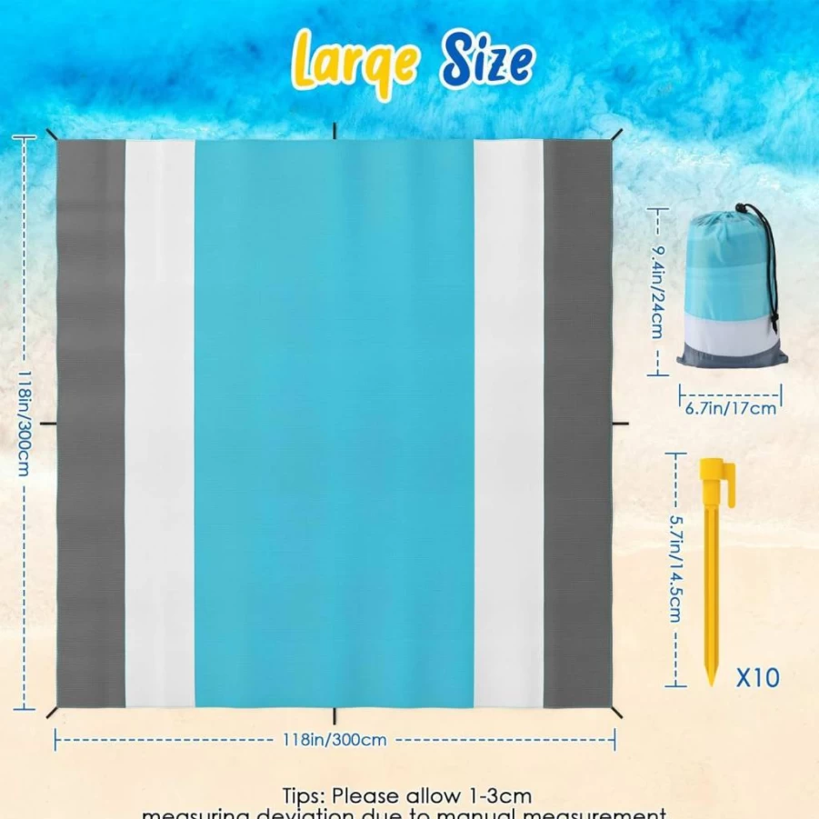 MoKo Extra Large Sandproof Beach Blanket with Stakes - Quick Dry Picnic Mat for Camping, Hiking & Outdoor Travel