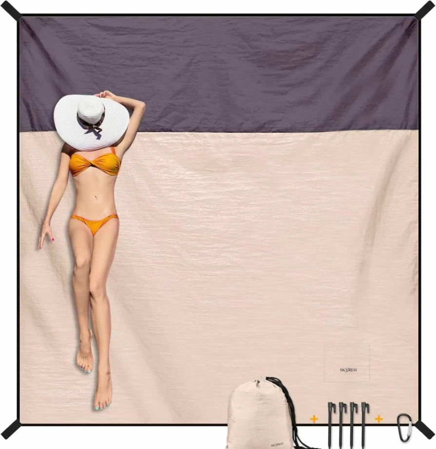 SKYREH Waterproof Beach Blanket 79"x87" - Sandproof, Quick Dry, Lightweight Picnic Mat for Travel, Camping, Hiking - Champagne Gold Outdoor Nylon Blanket