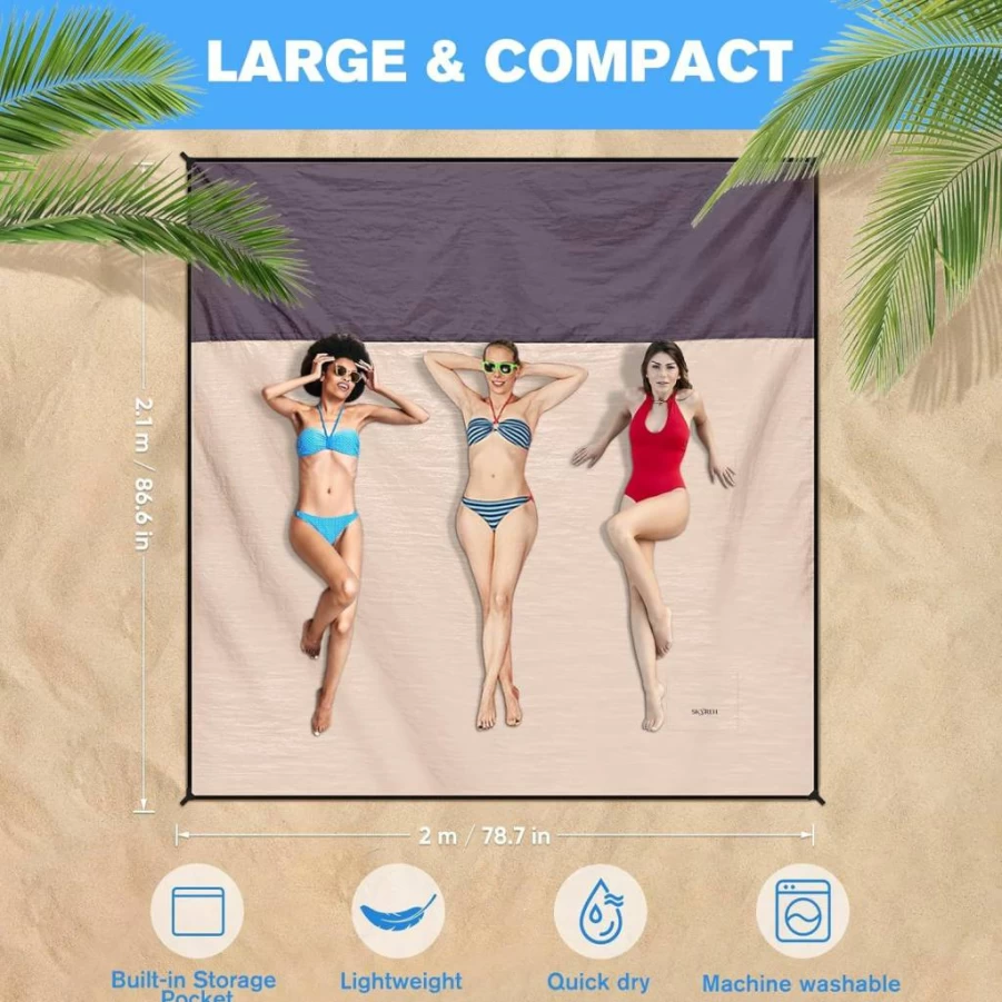 SKYREH Waterproof Beach Blanket 79"x87" - Sandproof, Quick Dry, Lightweight Picnic Mat for Travel, Camping, Hiking - Champagne Gold Outdoor Nylon Blanket
