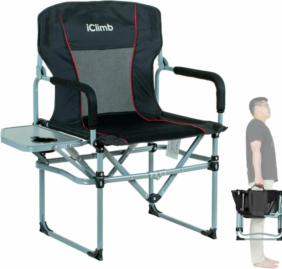 iClimb Folding Camping Chair with Side Table - Portable Heavy Duty Mesh Outdoor Chair for Camp, Beach, and Picnic