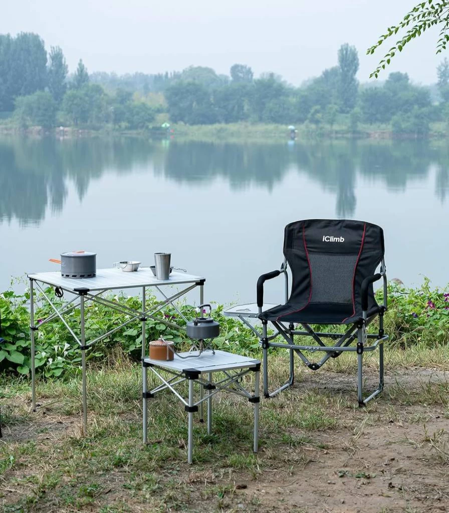 iClimb Folding Camping Chair with Side Table - Portable Heavy Duty Mesh Outdoor Chair for Camp, Beach, and Picnic