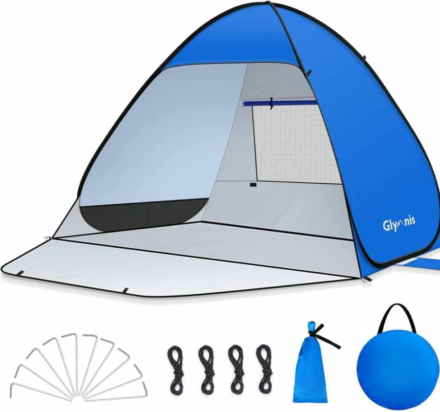 Glymnis Pop Up Beach Tent - Portable Sun Shelter with UPF 50+ & Enclosed Zipper Door, Easy Setup for 1-4 People
