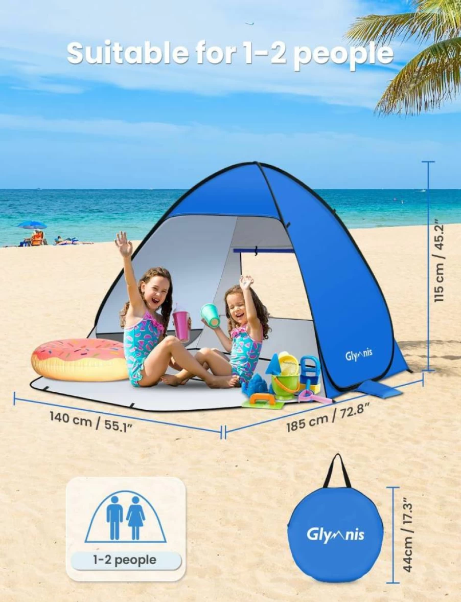 Glymnis Pop Up Beach Tent - Portable Sun Shelter with UPF 50+ & Enclosed Zipper Door, Easy Setup for 1-4 People