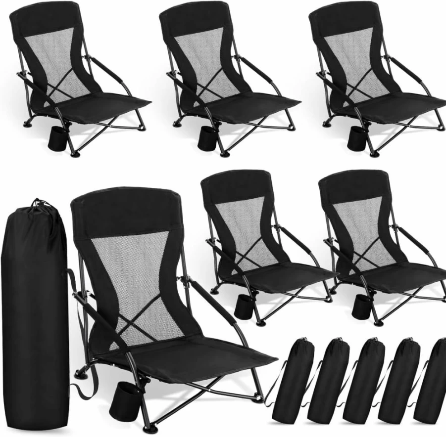 FillTouch 6-Pack Portable Folding Low Beach Chairs for Adults with Cup Holder - Lightweight Camping Chairs for Outdoor, Travel, Concert, Lawn & Sand - Includes Carry Bag (Black)
