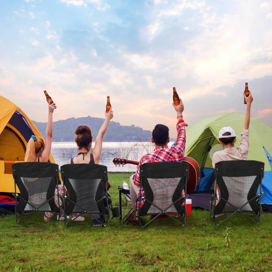 FillTouch 6-Pack Portable Folding Low Beach Chairs for Adults with Cup Holder - Lightweight Camping Chairs for Outdoor, Travel, Concert, Lawn & Sand - Includes Carry Bag (Black)