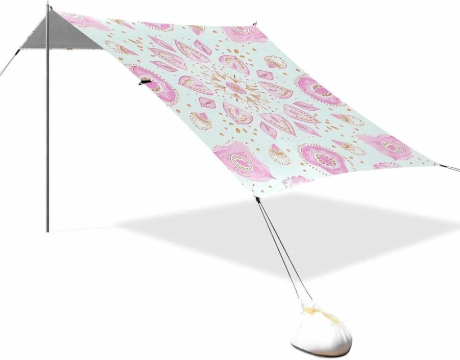 EtherSpher UPF50+ Water-Resistant Beach Tent & Sun Shelter – Portable Boho Pastel Canopy with Sandbags & Shovel for Camping, Backyard, and Outdoor Summer Use