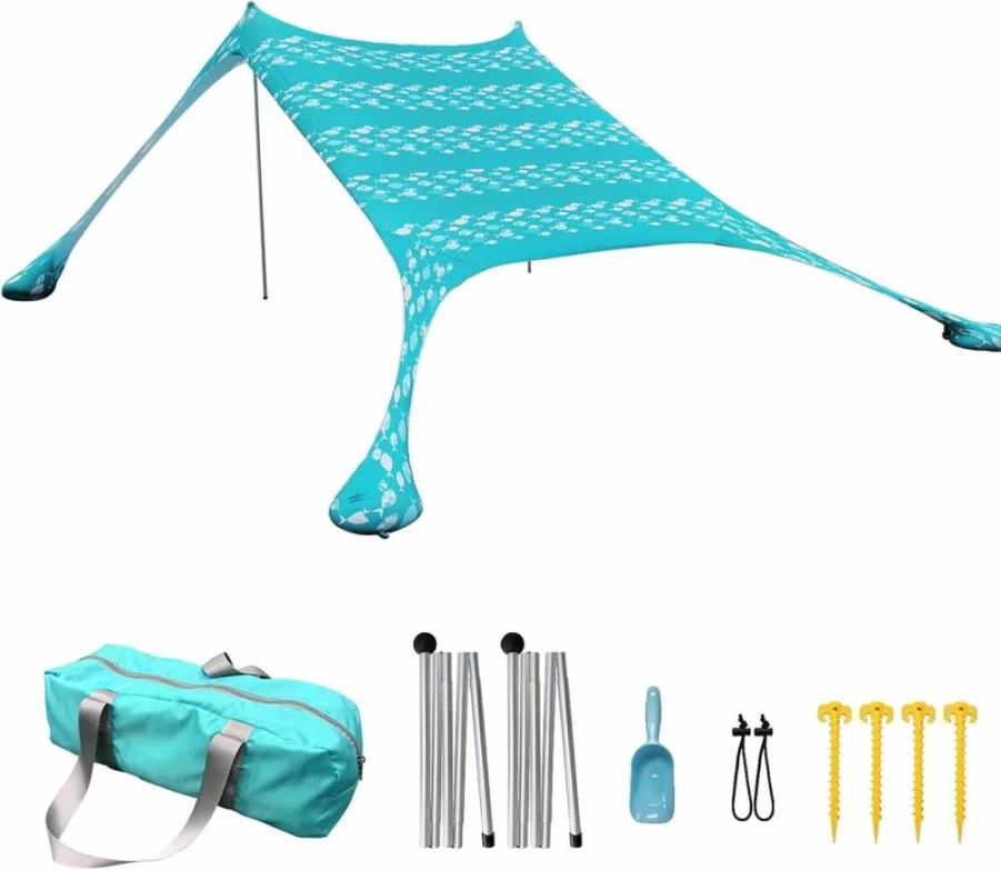 RRNAR Beach Tent with Sand Anchor & Carry Bag - 2.1M x 2.1M Portable Sun Shelter, Reinforced Corners, Includes Sand Shovel for Camping, Picnics & Outdoor Activities