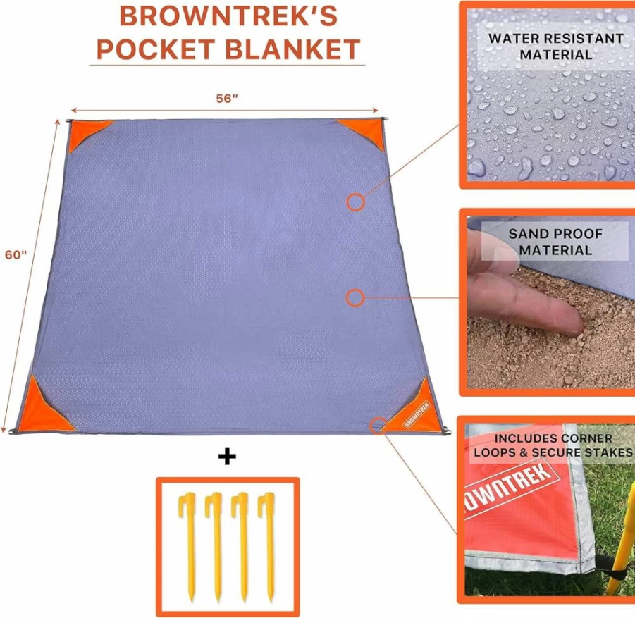BROWNTREK Waterproof Picnic Blanket - 60"x56" Portable Lightweight Camping Tarp for Hiking, Beach, Travel & Outdoor Activities