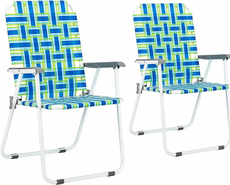 DOLFISH 2-Pack Heavy-Duty Folding Beach Chair with Steel Frame, PP Webbing & 120kg Capacity for Camping, Travel, Concerts – Blue Striped Design