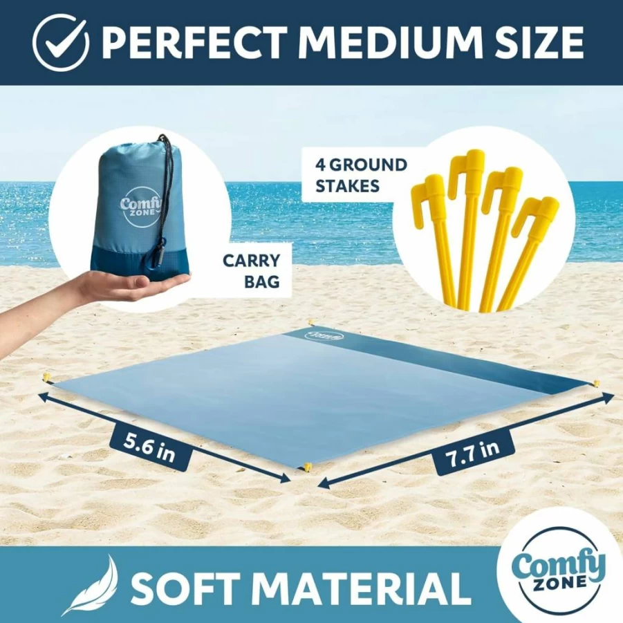 Comfy Zone MS Premium Beach Blanket - Extra Large Sandproof & Waterproof Mat with Stakes, Carry Bag, Windproof, Fast-Drying, Lightweight for Outdoor Picnics, Camping, and Travel