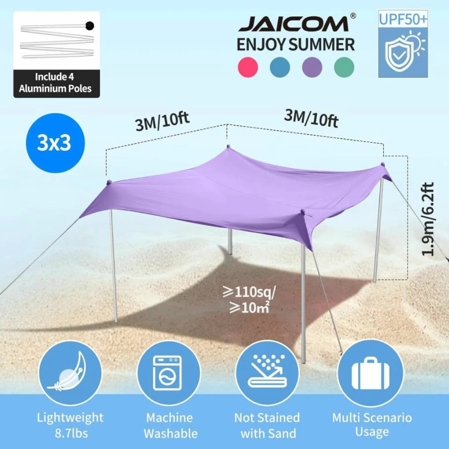 JAICOM 10ft Beach Tent with UPF50+ Sun Protection, Portable Canopy Shelter for Camping, Fishing, Backyard - Includes Sandbags, Stakes & Aluminum Poles