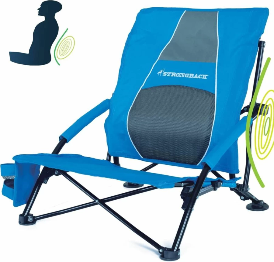 STRONGBACK Folding Beach Chair with Lumbar Support - Heavy Duty Portable Low Gravity Design for Adults - Lime Green