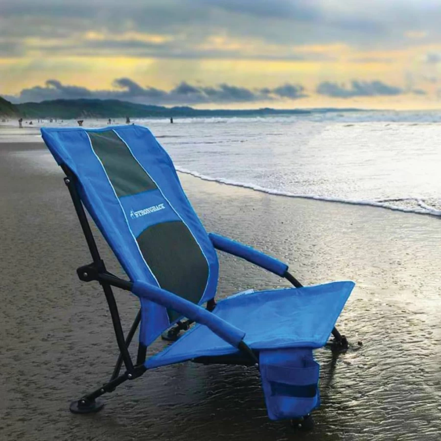 STRONGBACK Folding Beach Chair with Lumbar Support - Heavy Duty Portable Low Gravity Design for Adults - Lime Green