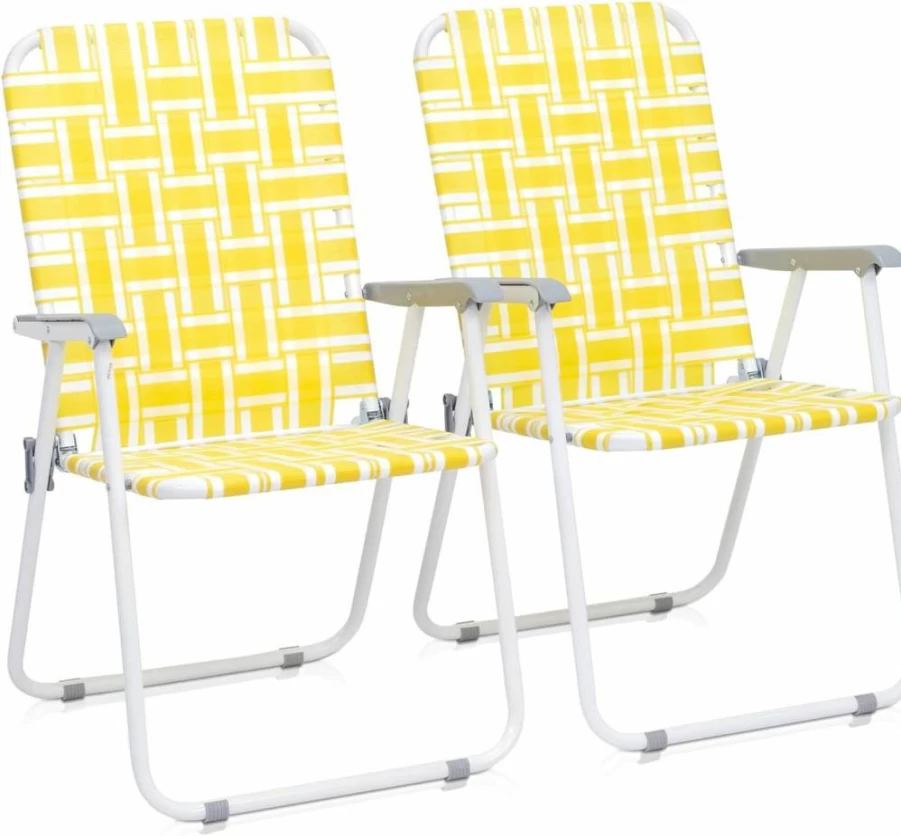 LMMSPARE 2-Pack Heavy-Duty Folding Beach Chairs 120kg Capacity - Yellow & White Striped Portable Lounge Chairs for Camping, Garden, Concerts, BBQ & Outdoor Events