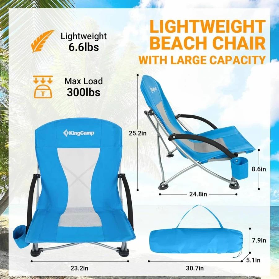 KingCamp 2-Pack Lightweight Folding Beach Chairs for Adults with Cup Holder, Carry Bag - Portable for Camping, Travel, Concerts, Outdoor Sports, Cyan