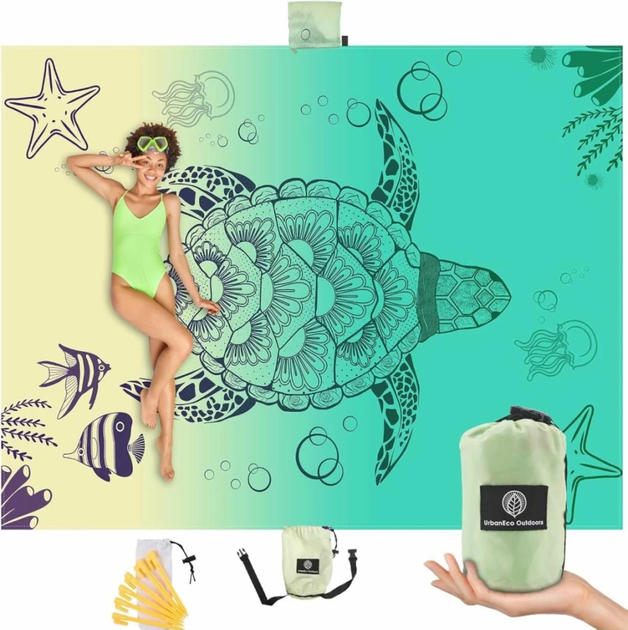URBANECO OUTDOORS Waterproof Sandproof Beach Blanket - 107" X 77" Oversized Lightweight Mat with Stakes & Carry Pouch for Outdoor Picnics, Camping, and Beach Travel