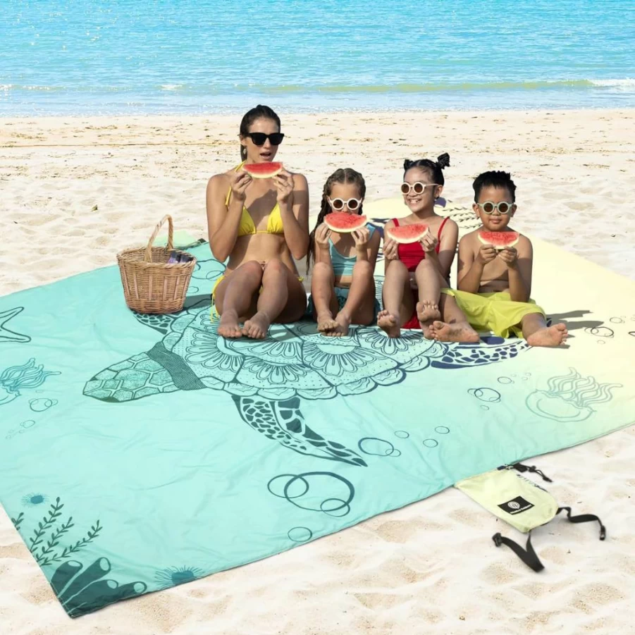 URBANECO OUTDOORS Waterproof Sandproof Beach Blanket - 107" X 77" Oversized Lightweight Mat with Stakes & Carry Pouch for Outdoor Picnics, Camping, and Beach Travel