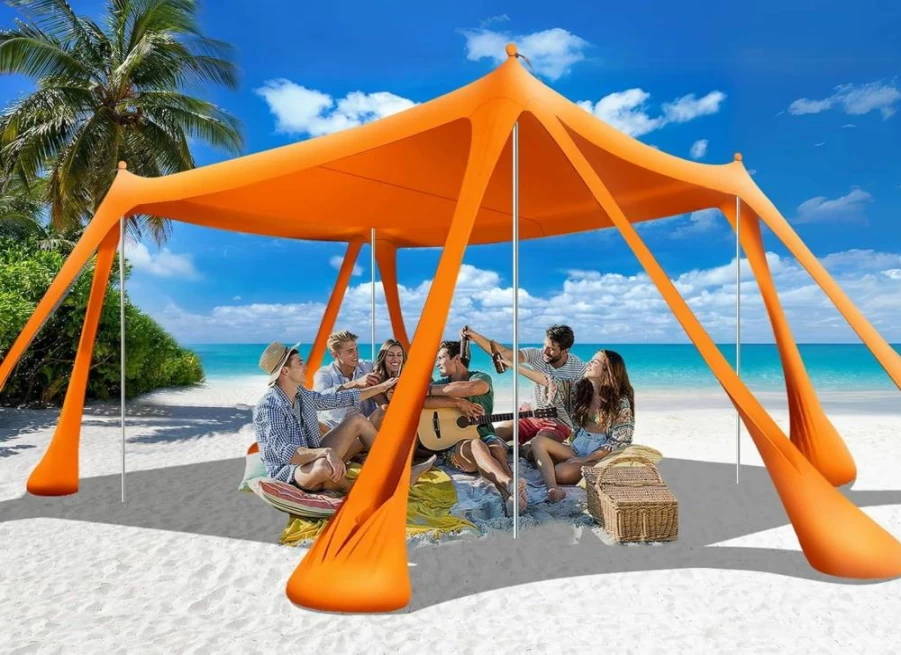Ahititi 10x10 Beach Tent Sun Shelter with UPF 50+ Protection, Portable Pop Up Canopy Includes 8 Sandbags, 2 Shovels, 4 Aluminum Poles & Ground Pegs for Family Camping, Fishing, Picnics