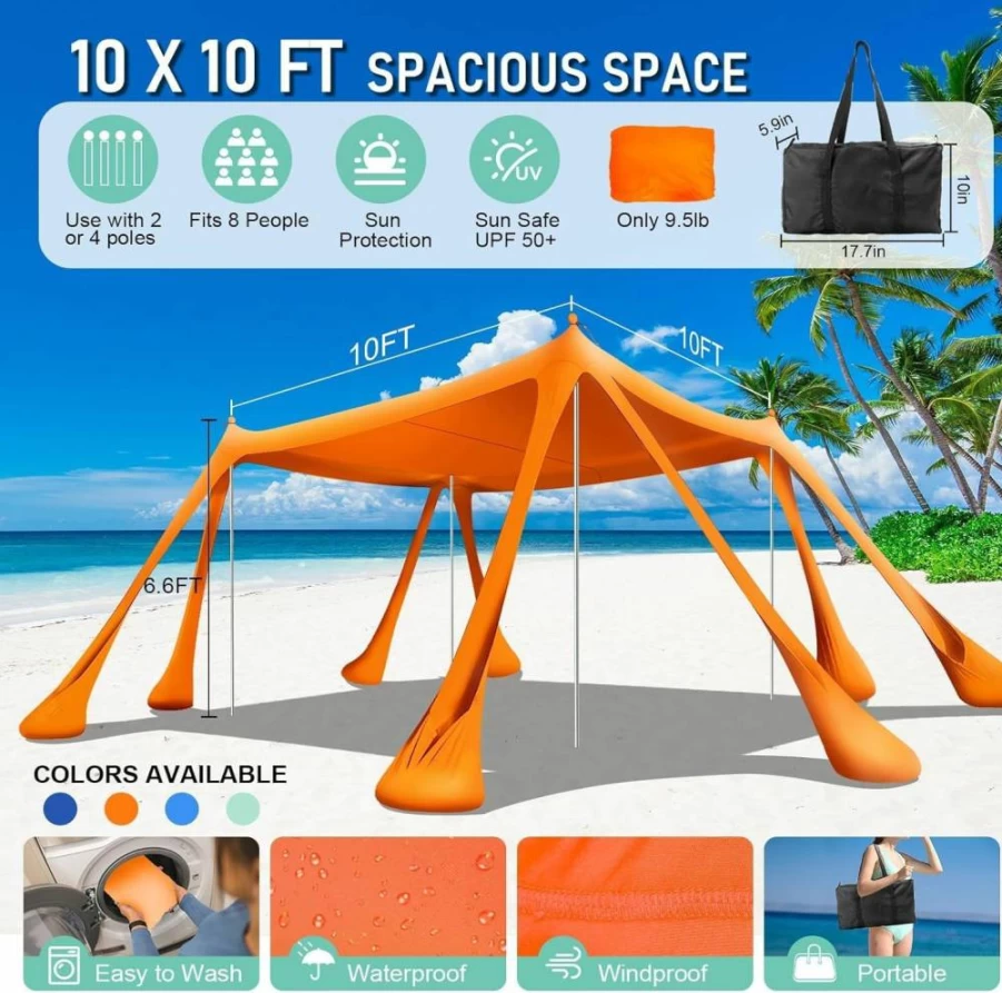 Ahititi 10x10 Beach Tent Sun Shelter with UPF 50+ Protection, Portable Pop Up Canopy Includes 8 Sandbags, 2 Shovels, 4 Aluminum Poles & Ground Pegs for Family Camping, Fishing, Picnics