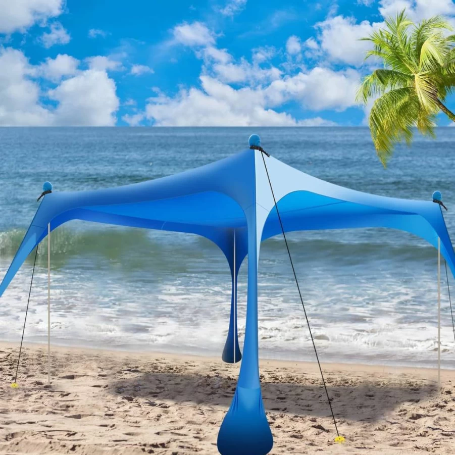 Smile in Texas UPF50+ Beach Tent Sun Shelter with Sand Shovel, Grass Pegs & Elastic Cords for Wind Stability - Portable Sunshade for Outdoor Adventures