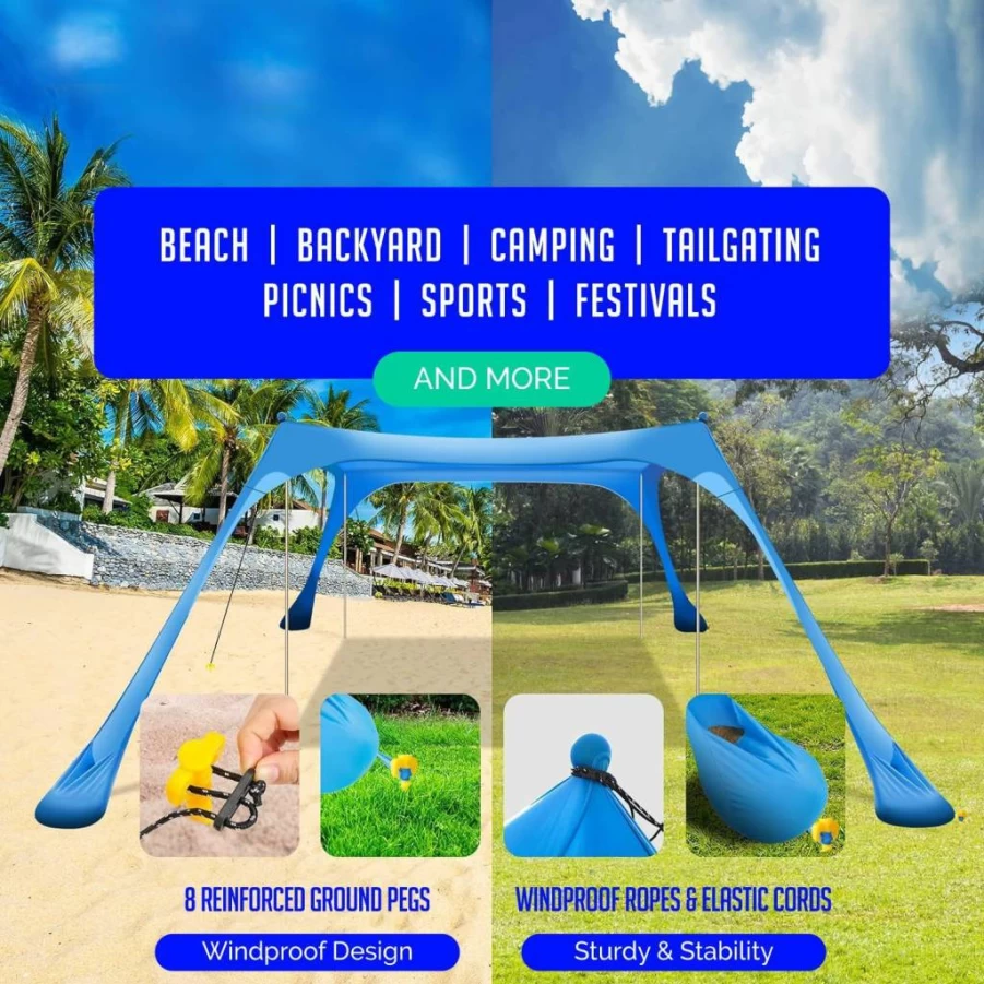 Smile in Texas UPF50+ Beach Tent Sun Shelter with Sand Shovel, Grass Pegs & Elastic Cords for Wind Stability - Portable Sunshade for Outdoor Adventures