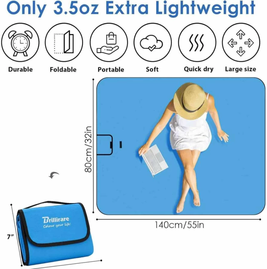 BRILLIRARE Sandproof Waterproof Beach Blanket 80"x63" - Oversized Portable Picnic Mat for Camping, Park, Travel, Concerts, Family Outdoor Activities (Blue)