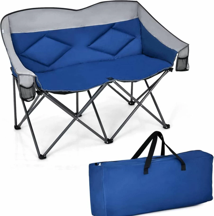 Bangtane Heavy Duty Loveseat Camping Chair for 2 Adults - 500lbs Capacity, Oversized Folding Chair with Storage Bags & Padded Seat for Beach, Picnic, Outdoor - Blue Double Camp Seat