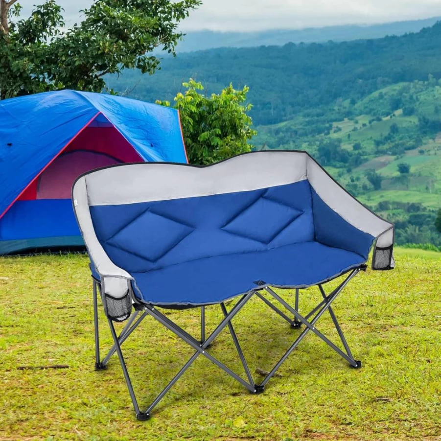 Bangtane Heavy Duty Loveseat Camping Chair for 2 Adults - 500lbs Capacity, Oversized Folding Chair with Storage Bags & Padded Seat for Beach, Picnic, Outdoor - Blue Double Camp Seat