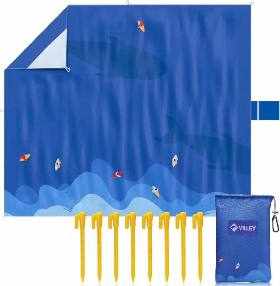 VILLEY Waterproof Sandproof Beach Blanket - Extra Large 60"x56" to 128"x108" Portable Mat for 1-8 Adults, Includes 4/8 Stakes & Corner Pockets for Camping, Picnic, Travel Outdoor Accessories