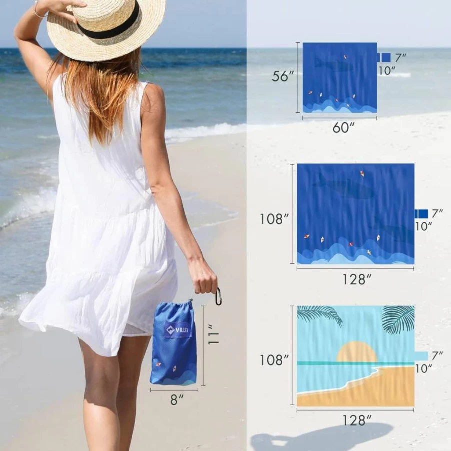 VILLEY Waterproof Sandproof Beach Blanket - Extra Large 60"x56" to 128"x108" Portable Mat for 1-8 Adults, Includes 4/8 Stakes & Corner Pockets for Camping, Picnic, Travel Outdoor Accessories