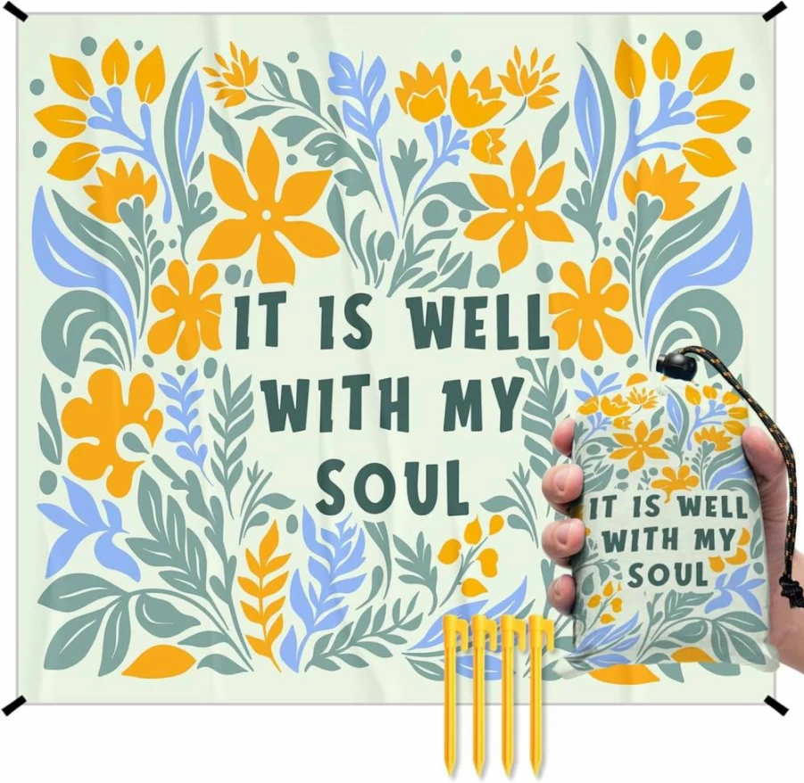 Xmsaitar Waterproof Christian Floral Picnic Blanket 55x60 Inches, Jesus Easter Beach Camping Mat for Outdoor Travel, It Is Well With My Soul Gift for Spring Summer