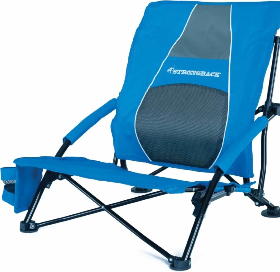 STRONGBACK Heavy Duty Folding Beach Chair with Lumbar Support - Portable Low Gravity Design for Adults - Blue Outdoor Relaxation Chair