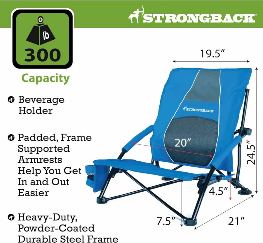 STRONGBACK Heavy Duty Folding Beach Chair with Lumbar Support - Portable Low Gravity Design for Adults - Blue Outdoor Relaxation Chair