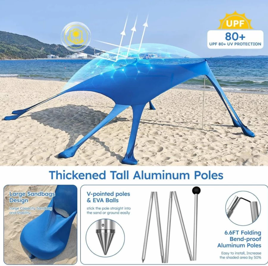 Road Ahead UPF 50+ Beach Tent Sun Shelter with Sandbags, Shovels & Aluminum Poles – Portable Sun Shade Canopy for Camping, Fishing, and Outdoor Activities
