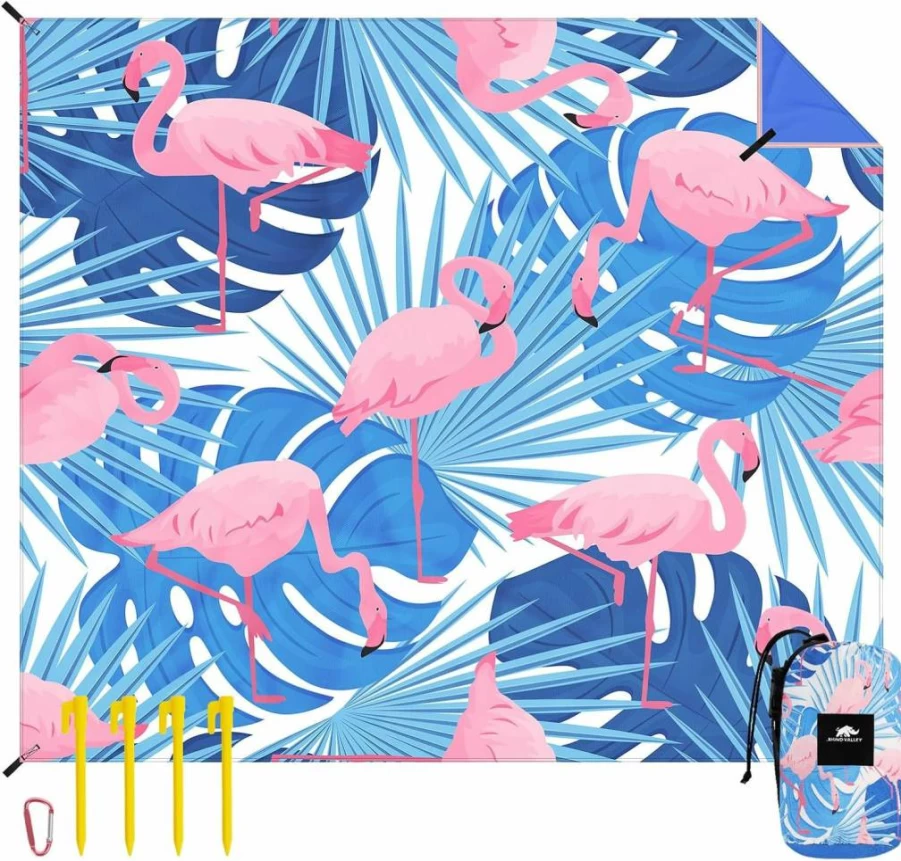 Rhino Valley 7' x 8' Sandproof Beach Blanket for Adults - Portable Picnic Mat with Carrying Bag & Stakes for Camping, Hiking, and Outdoor Travel