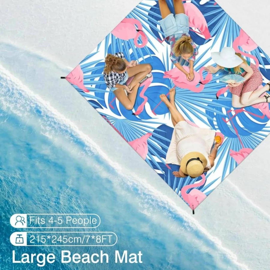 Rhino Valley 7' x 8' Sandproof Beach Blanket for Adults - Portable Picnic Mat with Carrying Bag & Stakes for Camping, Hiking, and Outdoor Travel