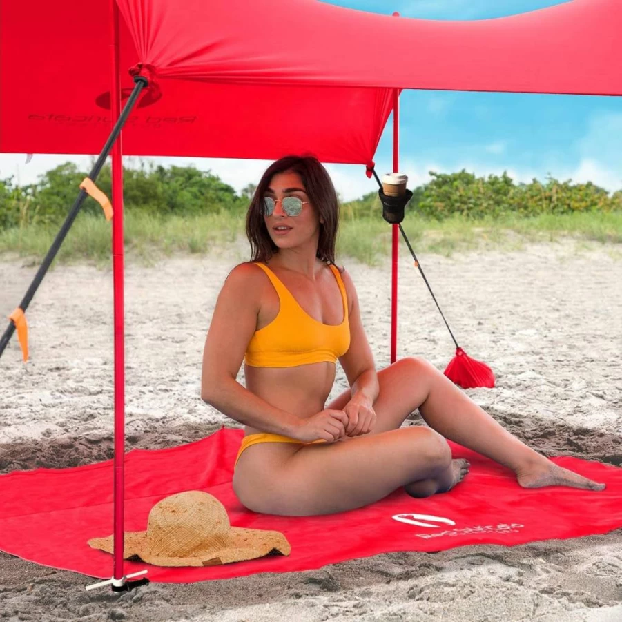 Red Suricata Large Family Beach Tent with UPF50 Sun Protection, Sand-Free Mat & 2 Cup Holders - Portable UV Shade Canopy for Outdoor, Picnic, Camping (Red)