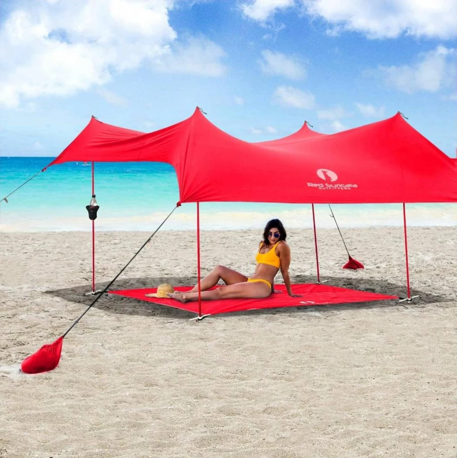 Red Suricata Large Family Beach Tent with UPF50 Sun Protection, Sand-Free Mat & 2 Cup Holders - Portable UV Shade Canopy for Outdoor, Picnic, Camping (Red)