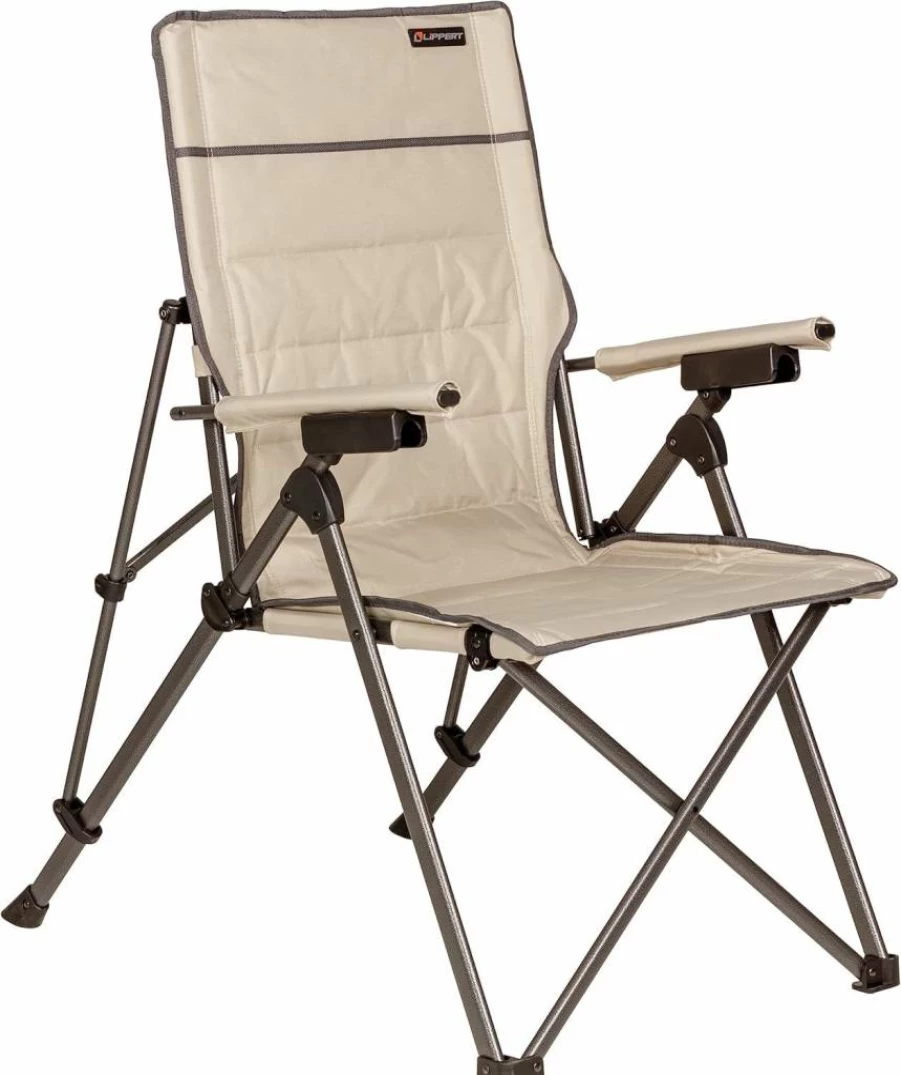 Lippert Components Sun Soaker 3-Position Reclining Camping Chair - 600D Polyester, Padded Back & Seat, Sturdy Steel Frame, 250lb Capacity, Sand Color (Model 2022120580)
