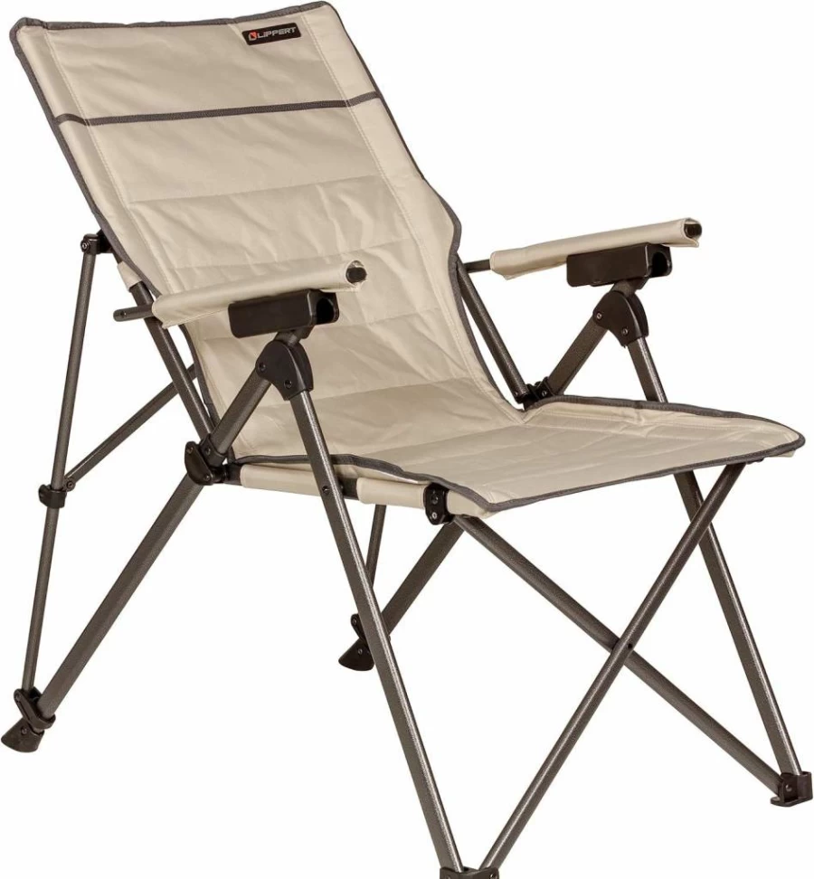 Lippert Components Sun Soaker 3-Position Reclining Camping Chair - 600D Polyester, Padded Back & Seat, Sturdy Steel Frame, 250lb Capacity, Sand Color (Model 2022120580)