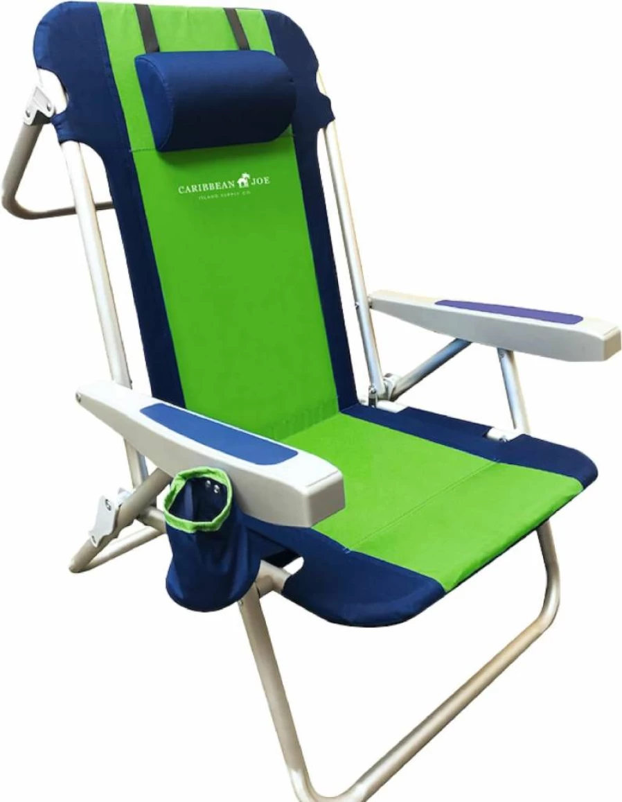 CARIBBEAN JOE 5-Position Folding Beach Chair with Headrest, Cup Holder & Armrests - Portable Backpack Camping Chair, Navy/Green