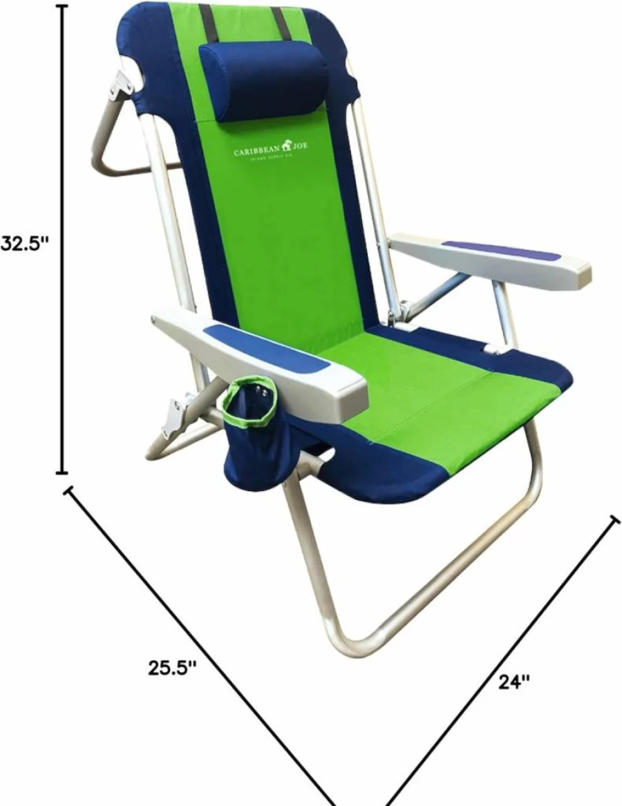 CARIBBEAN JOE 5-Position Folding Beach Chair with Headrest, Cup Holder & Armrests - Portable Backpack Camping Chair, Navy/Green