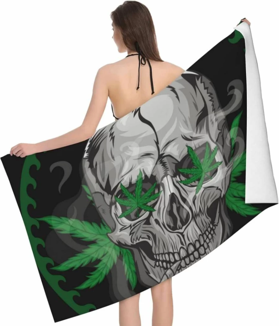 MESRASEY Skull Marijuana Print Beach Towel - Large 32x52 Inch Sand Proof Quick Dry Oversized Blanket for Pool, Bath, Travel, Yoga, Camping - Green Black White Design