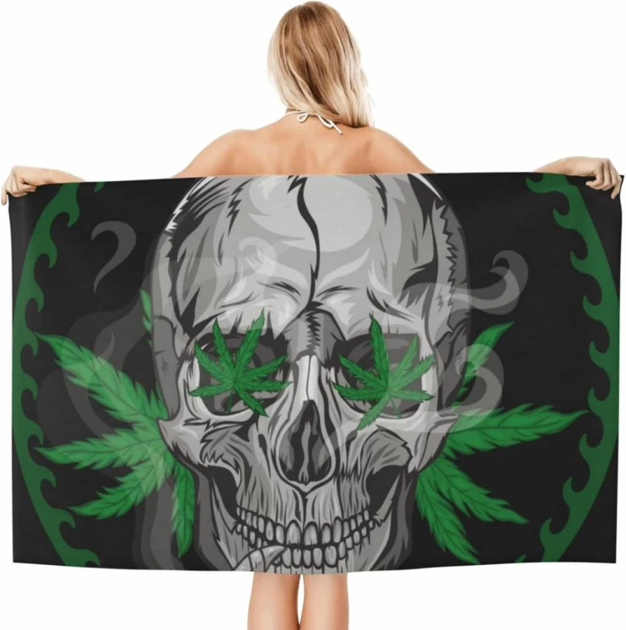 MESRASEY Skull Marijuana Print Beach Towel - Large 32x52 Inch Sand Proof Quick Dry Oversized Blanket for Pool, Bath, Travel, Yoga, Camping - Green Black White Design