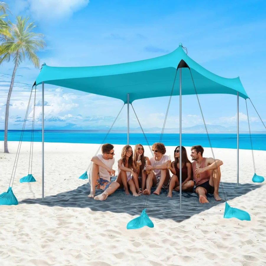 Raynesys 10x10 Ft Beach Tent Sun Shelter - UPF50+ Heavy Duty Canopy with 8 Sandbags & 4 Stability Poles, Portable Sun Shade for Camping, Fishing, Outdoor Activities (Sky Blue)