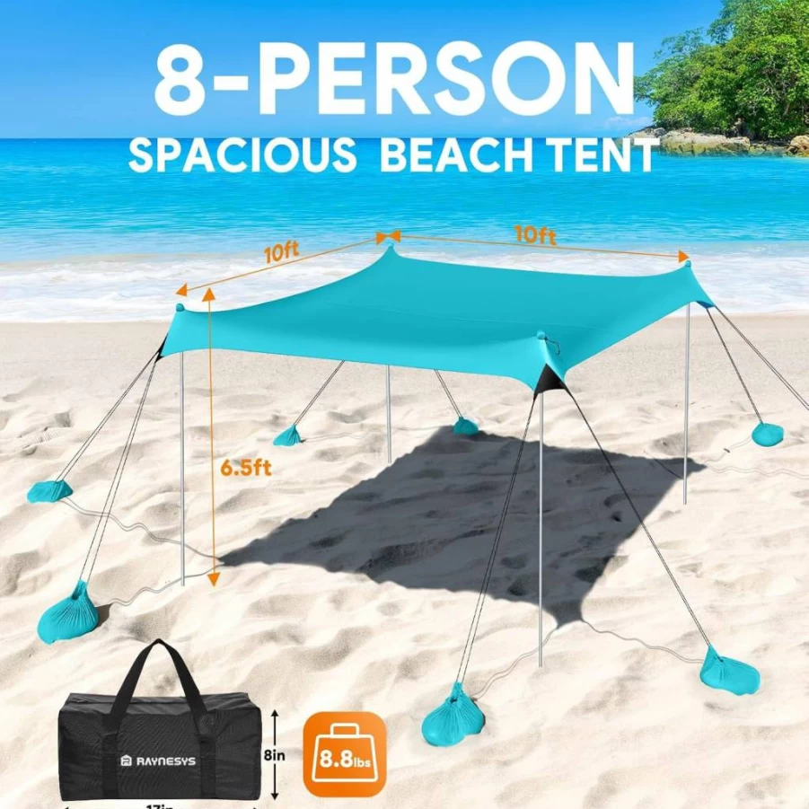 Raynesys 10x10 Ft Beach Tent Sun Shelter - UPF50+ Heavy Duty Canopy with 8 Sandbags & 4 Stability Poles, Portable Sun Shade for Camping, Fishing, Outdoor Activities (Sky Blue)