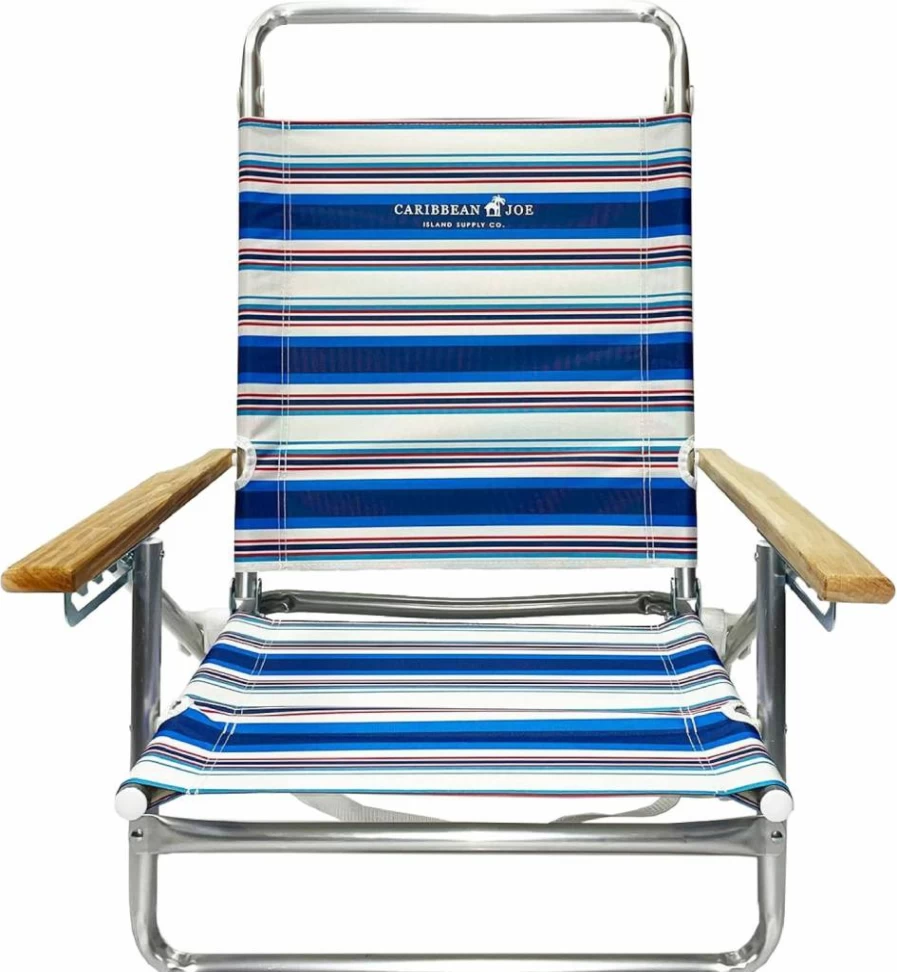 CARIBBEAN JOE 5-Position Folding Beach Chair - Lightweight Portable Recliner with Wooden Armrests & Carry Strap for Outdoor Camping, Travel, and Relaxation